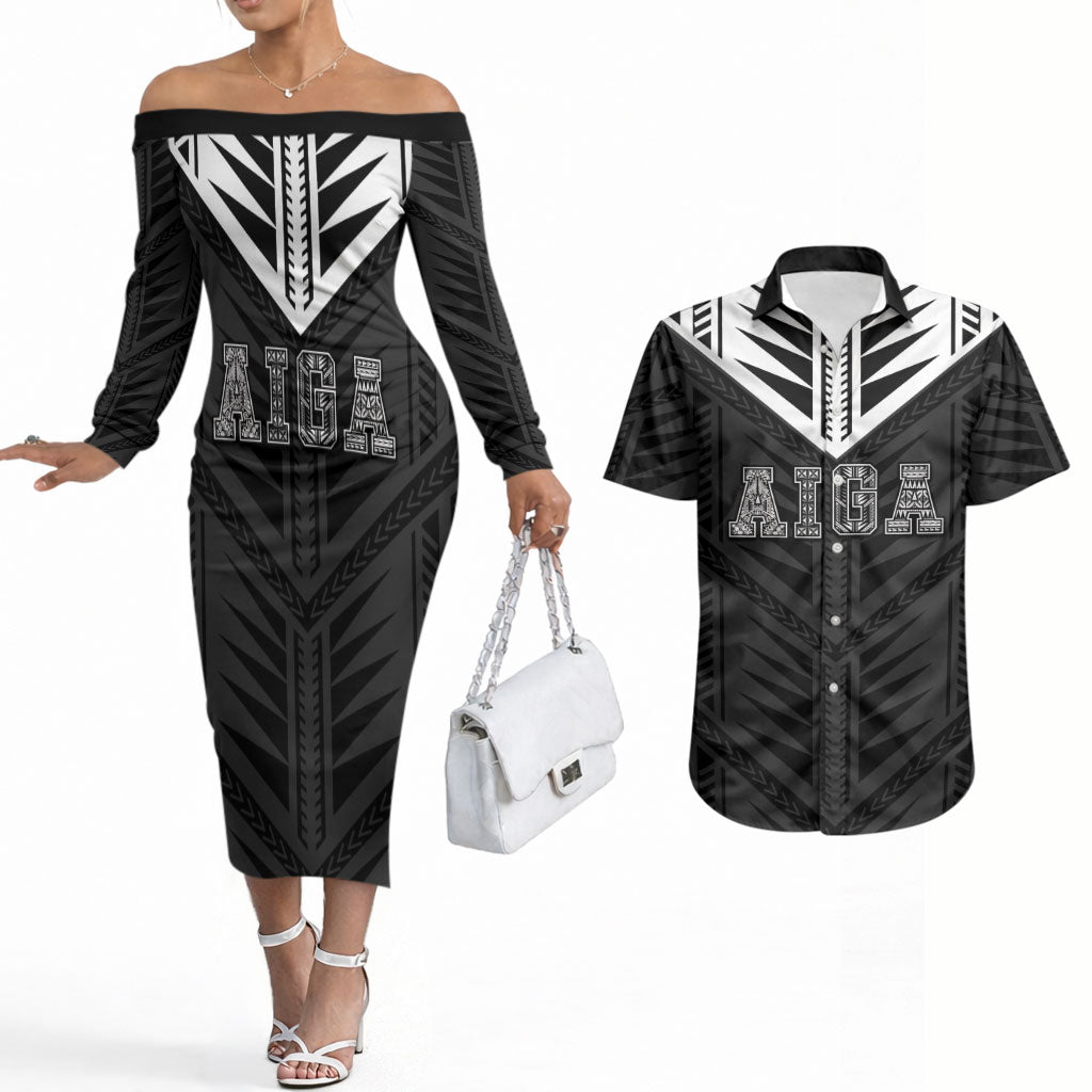 Samoa Aiga Couples Matching Off The Shoulder Long Sleeve Dress and Hawaiian Shirt Samoan Tribal Pattern LT05 Black - Polynesian Pride
