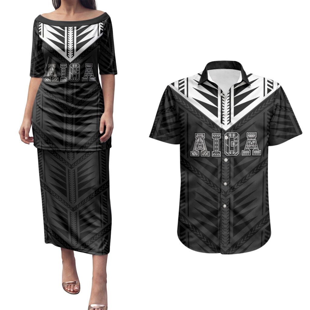 Samoa Aiga Couples Matching Puletasi and Hawaiian Shirt Samoan Tribal Pattern LT05 Black - Polynesian Pride
