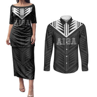 Samoa Aiga Couples Matching Puletasi and Long Sleeve Button Shirt Samoan Tribal Pattern LT05 Black - Polynesian Pride