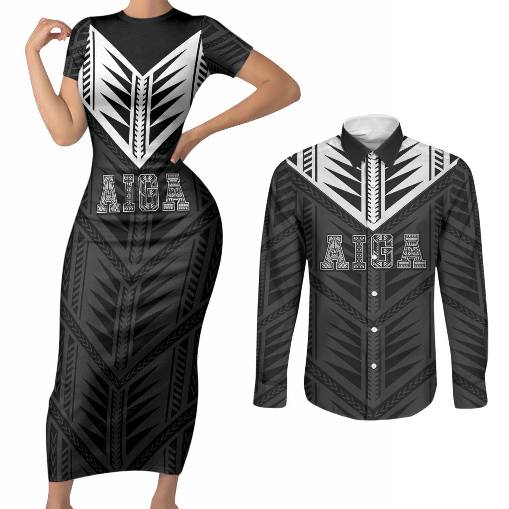Samoa Aiga Couples Matching Short Sleeve Bodycon Dress and Long Sleeve Button Shirt Samoan Tribal Pattern LT05 Black - Polynesian Pride
