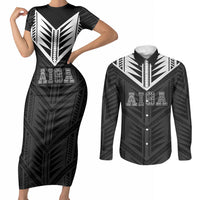 Samoa Aiga Couples Matching Short Sleeve Bodycon Dress and Long Sleeve Button Shirt Samoan Tribal Pattern LT05 Black - Polynesian Pride