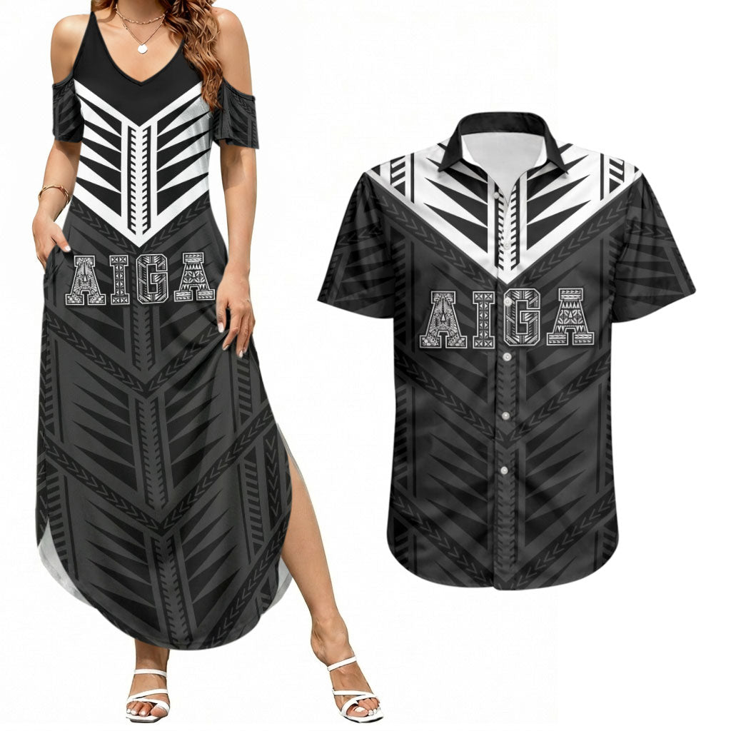 Samoa Aiga Couples Matching Summer Maxi Dress and Hawaiian Shirt Samoan Tribal Pattern LT05 Black - Polynesian Pride