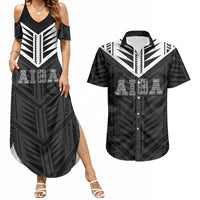 Samoa Aiga Couples Matching Summer Maxi Dress and Hawaiian Shirt Samoan Tribal Pattern LT05 Black - Polynesian Pride