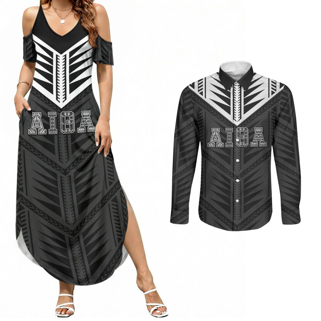 Samoa Aiga Couples Matching Summer Maxi Dress and Long Sleeve Button Shirt Samoan Tribal Pattern LT05 Black - Polynesian Pride