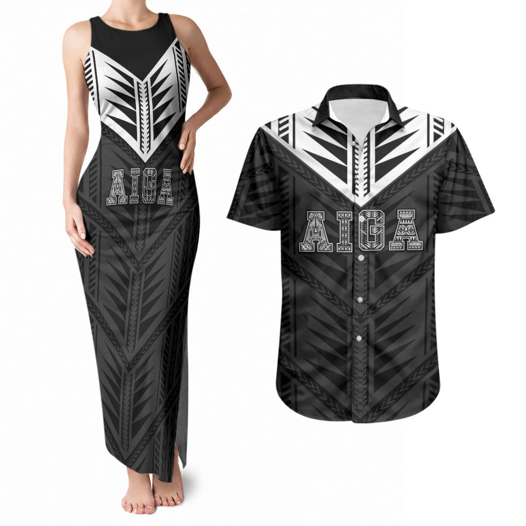 Samoa Aiga Couples Matching Tank Maxi Dress and Hawaiian Shirt Samoan Tribal Pattern LT05 Black - Polynesian Pride