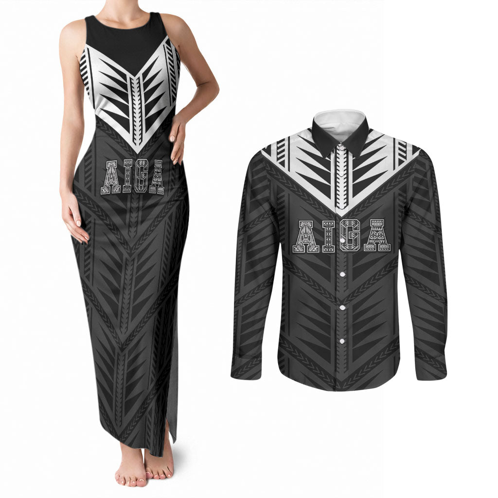Samoa Aiga Couples Matching Tank Maxi Dress and Long Sleeve Button Shirt Samoan Tribal Pattern LT05 Black - Polynesian Pride