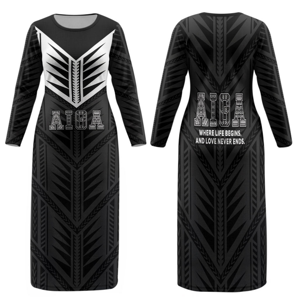 Samoa Aiga Family Matching Long Sleeve Bodycon Dress and Hawaiian Shirt Samoan Tribal Pattern LT05 Mom's Dress Black - Polynesian Pride