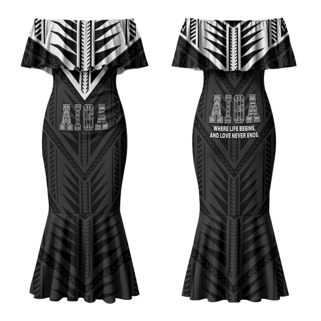 Samoa Aiga Family Matching Mermaid Dress and Hawaiian Shirt Samoan Tribal Pattern LT05 Mom's Dress Black - Polynesian Pride