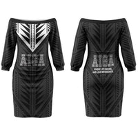 Samoa Aiga Family Matching Off The Shoulder Long Sleeve Dress and Hawaiian Shirt Samoan Tribal Pattern LT05 Mom's Dress Black - Polynesian Pride