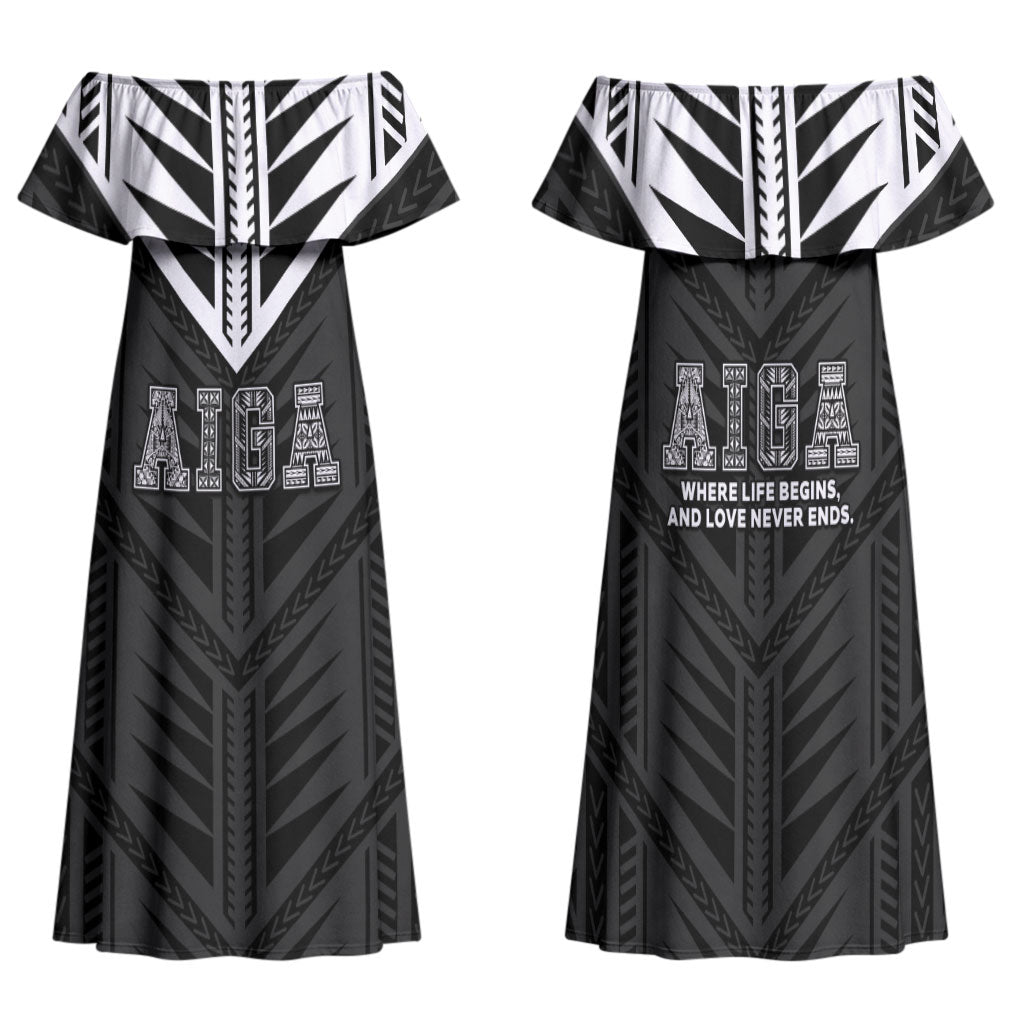 Samoa Aiga Family Matching Off Shoulder Maxi Dress and Hawaiian Shirt Samoan Tribal Pattern LT05 Mom's Dress Black - Polynesian Pride