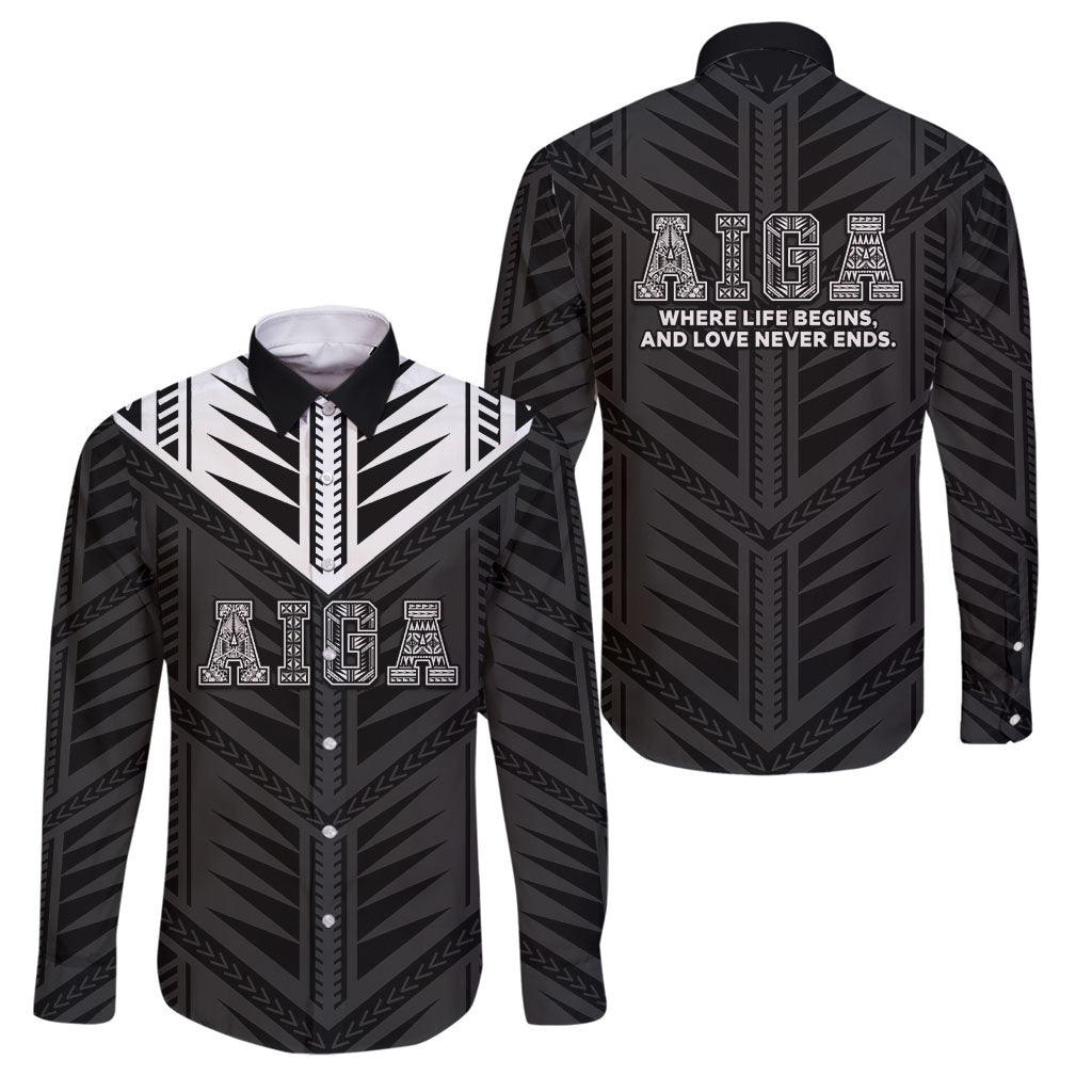 Samoa Aiga Family Matching Off Shoulder Maxi Dress and Hawaiian Shirt Samoan Tribal Pattern LT05 Dad's Shirt - Long Sleeve Black - Polynesian Pride