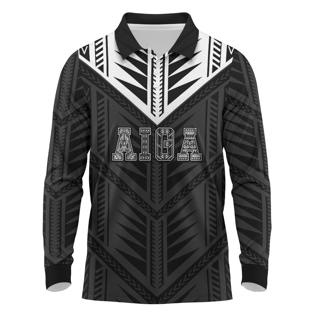 Samoa Aiga Long Sleeve Polo Shirt Samoan Tribal Pattern LT05 Black - Polynesian Pride