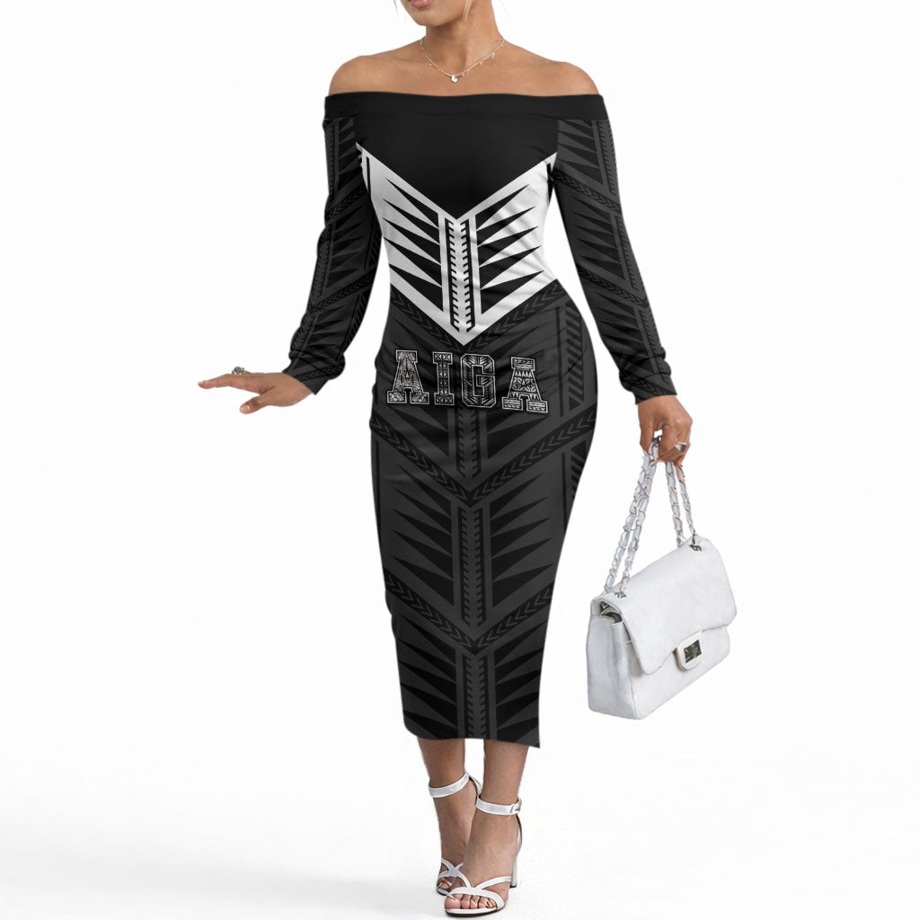 Samoa Aiga Off The Shoulder Long Sleeve Dress Samoan Tribal Pattern LT05 Women Black - Polynesian Pride