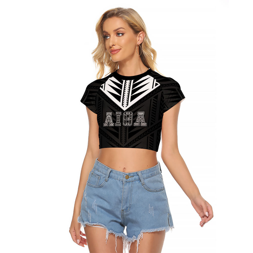 Samoa Aiga Raglan Cropped T Shirt Samoan Tribal Pattern LT05 Female Black - Polynesian Pride