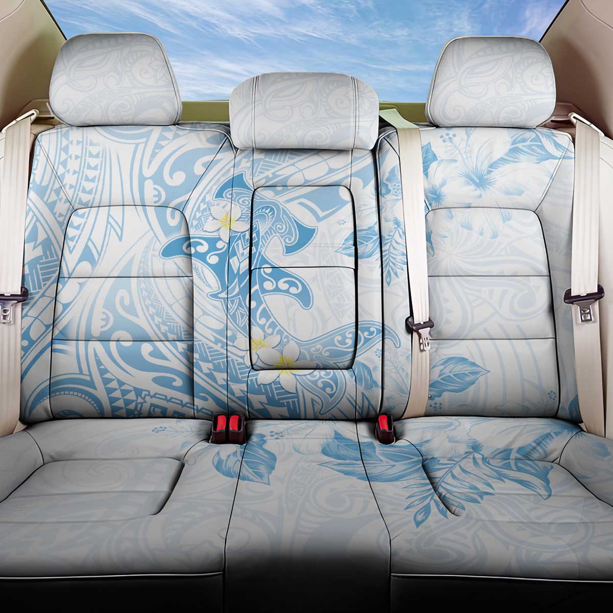 Polynesia Hammerhead Shark Back Car Seat Cover Tropical Flowers Tribal Pattern Blue