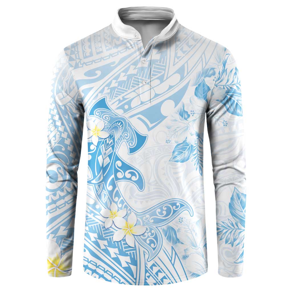Polynesia Hammerhead Shark Button Sweatshirt Tropical Flowers Tribal Pattern Blue LT05 Blue - Polynesian Pride