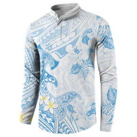 Polynesia Hammerhead Shark Button Sweatshirt Tropical Flowers Tribal Pattern Blue