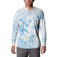 Polynesia Hammerhead Shark Button Sweatshirt Tropical Flowers Tribal Pattern Blue