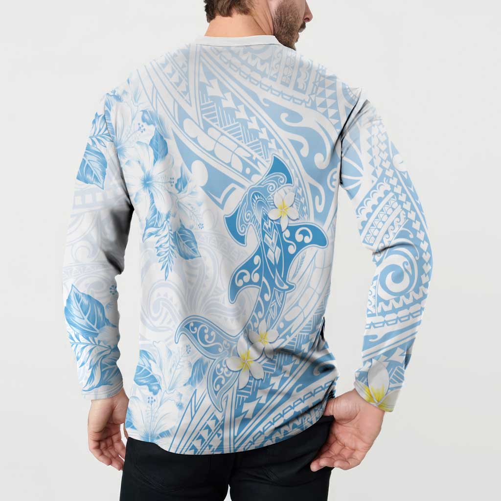 Polynesia Hammerhead Shark Button Sweatshirt Tropical Flowers Tribal Pattern Blue