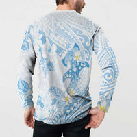 Polynesia Hammerhead Shark Button Sweatshirt Tropical Flowers Tribal Pattern Blue