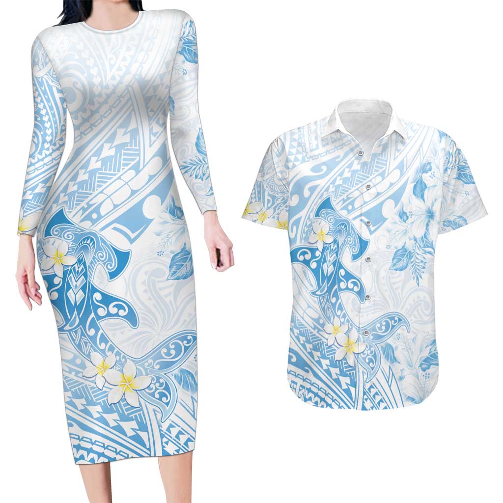 Polynesia Hammerhead Shark Couples Matching Long Sleeve Bodycon Dress and Hawaiian Shirt Tropical Flowers Tribal Pattern Blue