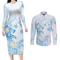 Polynesia Hammerhead Shark Couples Matching Long Sleeve Bodycon Dress and Long Sleeve Button Shirt Tropical Flowers Tribal Pattern Blue LT05 Blue - Polynesian Pride