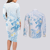Polynesia Hammerhead Shark Couples Matching Long Sleeve Bodycon Dress and Long Sleeve Button Shirt Tropical Flowers Tribal Pattern Blue LT05 - Polynesian Pride