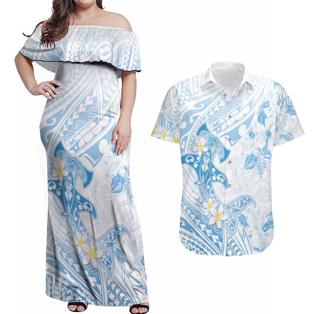 Polynesia Hammerhead Shark Couples Matching Off Shoulder Maxi Dress and Hawaiian Shirt Tropical Flowers Tribal Pattern Blue