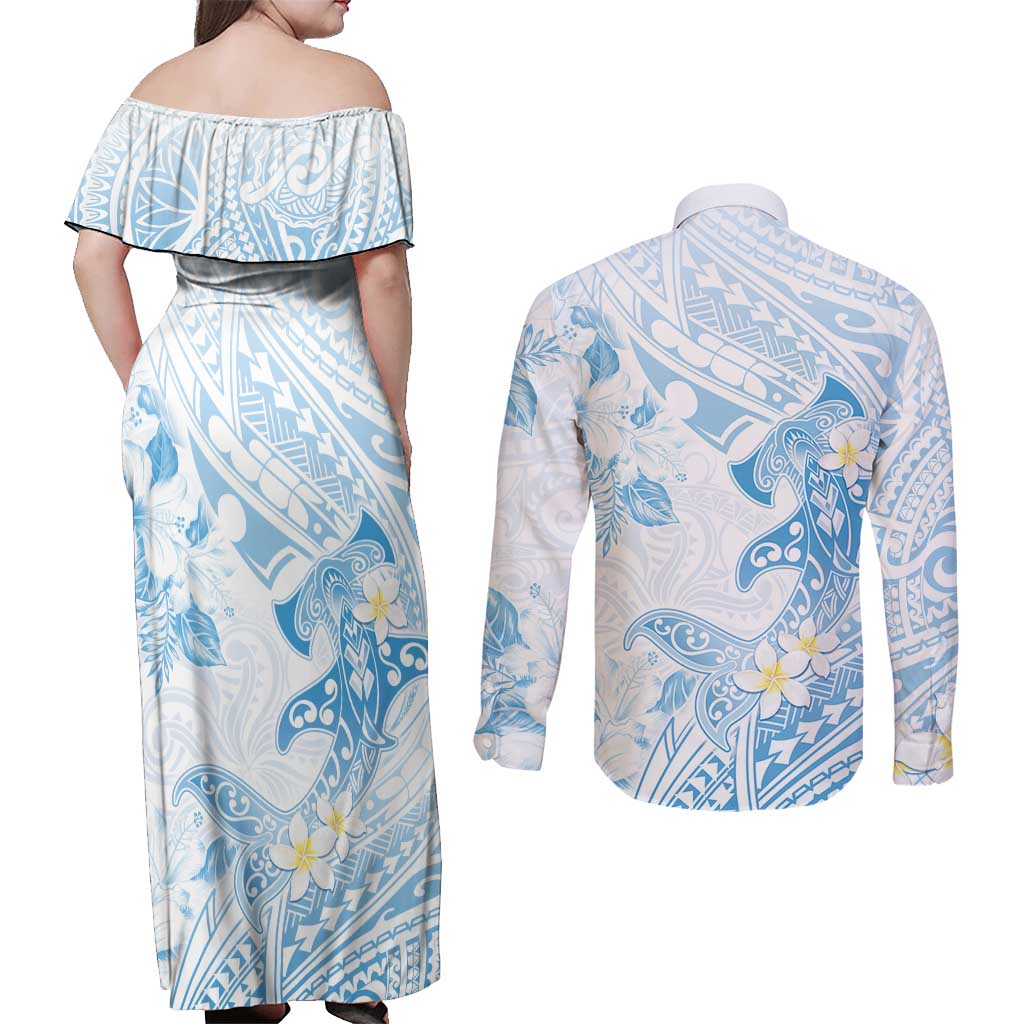 Polynesia Hammerhead Shark Couples Matching Off Shoulder Maxi Dress and Long Sleeve Button Shirt Tropical Flowers Tribal Pattern Blue LT05 - Polynesian Pride