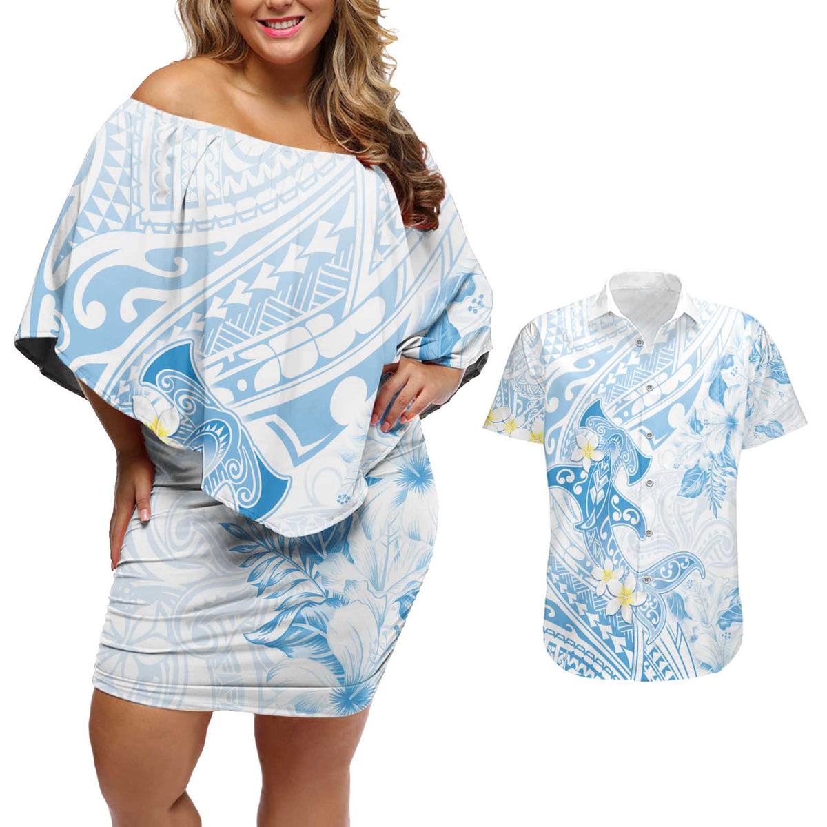 Polynesia Hammerhead Shark Couples Matching Off Shoulder Short Dress and Hawaiian Shirt Tropical Flowers Tribal Pattern Blue LT05 Blue - Polynesian Pride