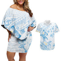 Polynesia Hammerhead Shark Couples Matching Off Shoulder Short Dress and Hawaiian Shirt Tropical Flowers Tribal Pattern Blue LT05 Blue - Polynesian Pride