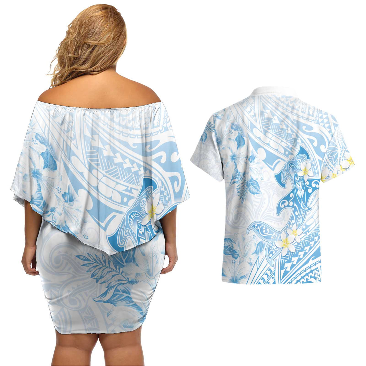 Polynesia Hammerhead Shark Couples Matching Off Shoulder Short Dress and Hawaiian Shirt Tropical Flowers Tribal Pattern Blue LT05 - Polynesian Pride