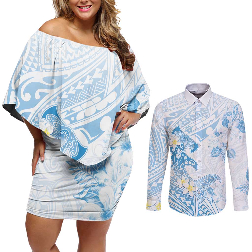 Polynesia Hammerhead Shark Couples Matching Off Shoulder Short Dress and Long Sleeve Button Shirt Tropical Flowers Tribal Pattern Blue LT05 Blue - Polynesian Pride