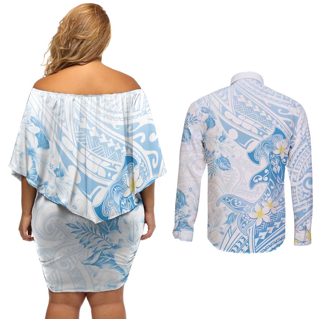 Polynesia Hammerhead Shark Couples Matching Off Shoulder Short Dress and Long Sleeve Button Shirt Tropical Flowers Tribal Pattern Blue LT05 - Polynesian Pride