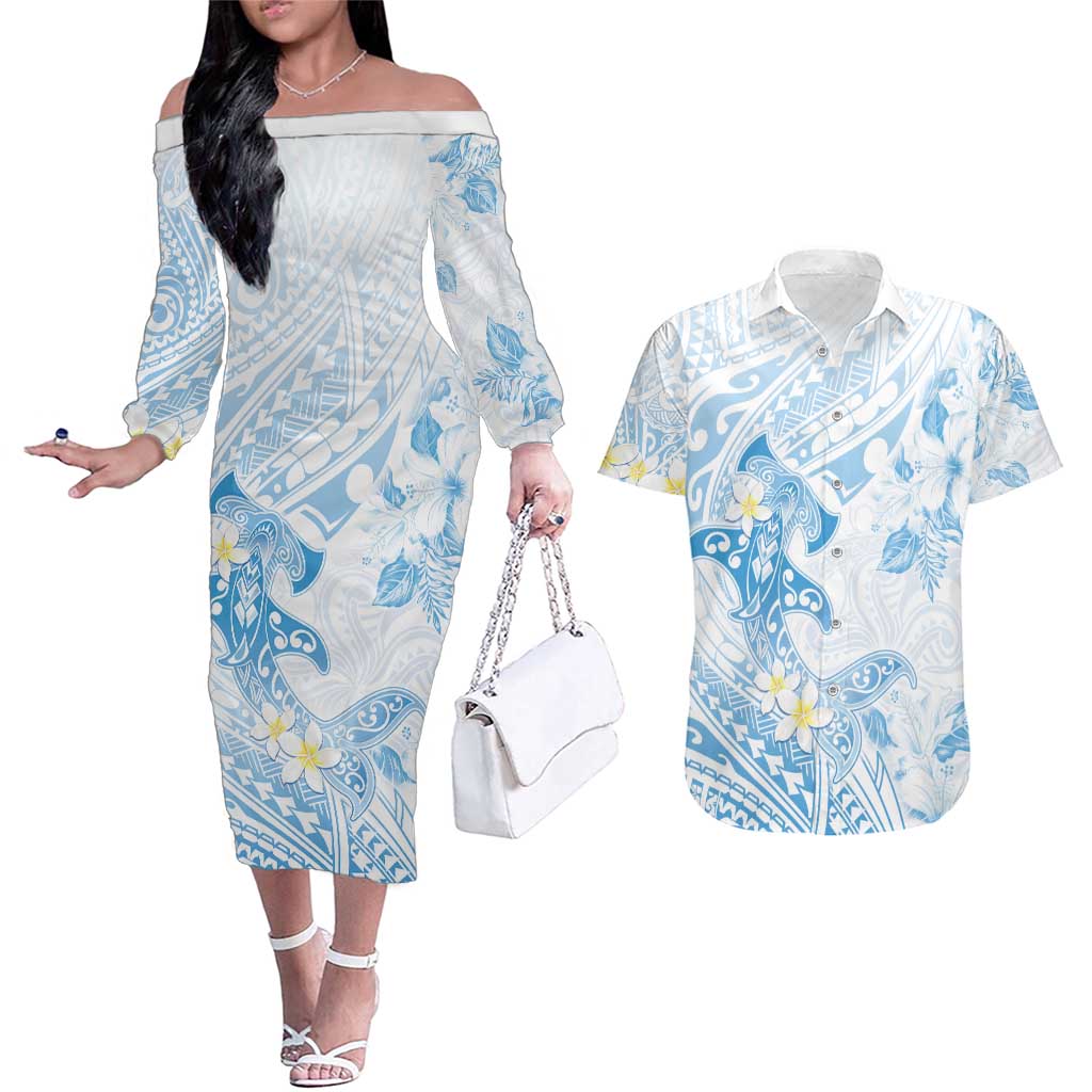 Polynesia Hammerhead Shark Couples Matching Off The Shoulder Long Sleeve Dress and Hawaiian Shirt Tropical Flowers Tribal Pattern Blue