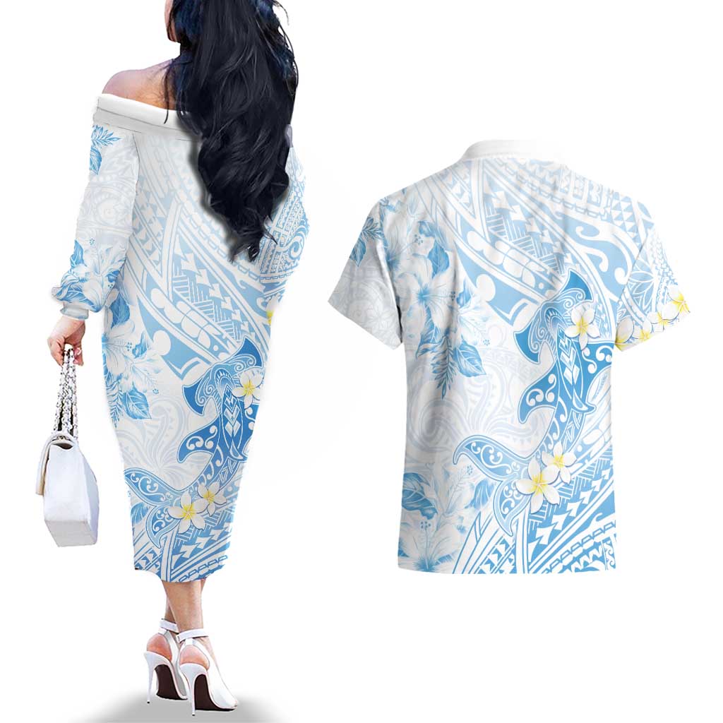 Polynesia Hammerhead Shark Couples Matching Off The Shoulder Long Sleeve Dress and Hawaiian Shirt Tropical Flowers Tribal Pattern Blue LT05 - Polynesian Pride