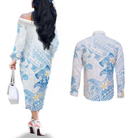 Polynesia Hammerhead Shark Couples Matching Off The Shoulder Long Sleeve Dress and Long Sleeve Button Shirt Tropical Flowers Tribal Pattern Blue LT05 - Polynesian Pride
