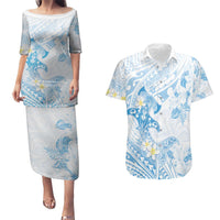 Polynesia Hammerhead Shark Couples Matching Puletasi and Hawaiian Shirt Tropical Flowers Tribal Pattern Blue LT05 Blue - Polynesian Pride