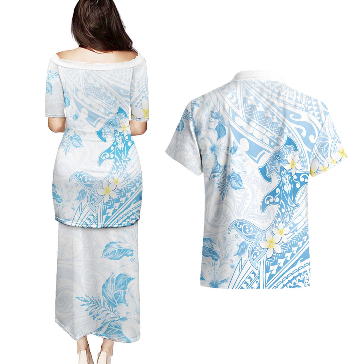 Polynesia Hammerhead Shark Couples Matching Puletasi and Hawaiian Shirt Tropical Flowers Tribal Pattern Blue LT05 - Polynesian Pride
