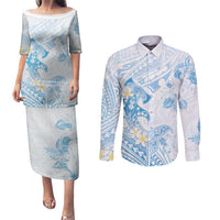 Polynesia Hammerhead Shark Couples Matching Puletasi and Long Sleeve Button Shirt Tropical Flowers Tribal Pattern Blue LT05 Blue - Polynesian Pride