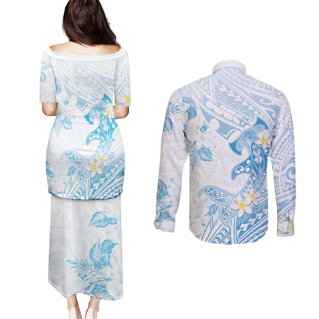 Polynesia Hammerhead Shark Couples Matching Puletasi and Long Sleeve Button Shirt Tropical Flowers Tribal Pattern Blue LT05 - Polynesian Pride