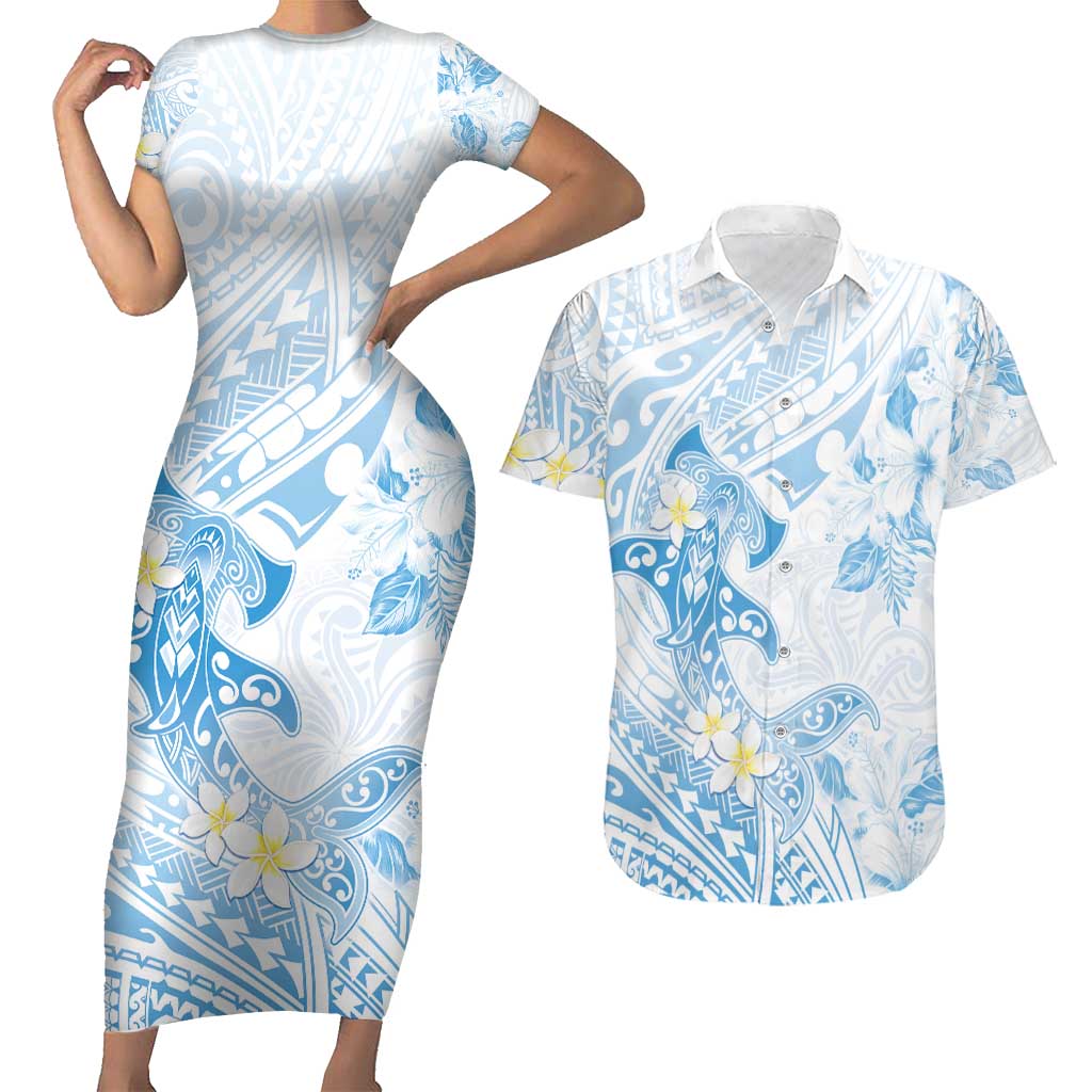 Polynesia Hammerhead Shark Couples Matching Short Sleeve Bodycon Dress and Hawaiian Shirt Tropical Flowers Tribal Pattern Blue LT05 Blue - Polynesian Pride