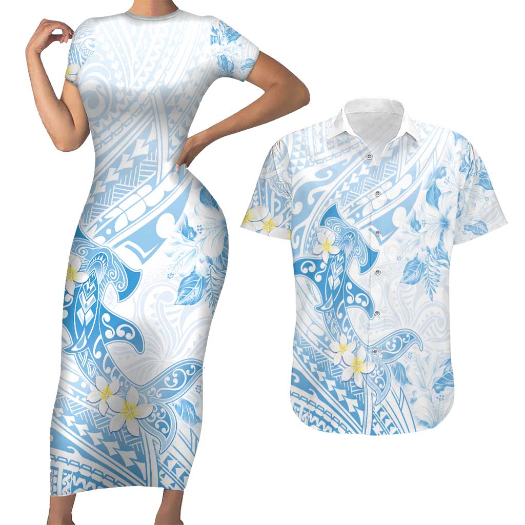 Polynesia Hammerhead Shark Couples Matching Short Sleeve Bodycon Dress and Hawaiian Shirt Tropical Flowers Tribal Pattern Blue