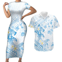 Polynesia Hammerhead Shark Couples Matching Short Sleeve Bodycon Dress and Hawaiian Shirt Tropical Flowers Tribal Pattern Blue LT05 Blue - Polynesian Pride