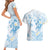 Polynesia Hammerhead Shark Couples Matching Short Sleeve Bodycon Dress and Hawaiian Shirt Tropical Flowers Tribal Pattern Blue