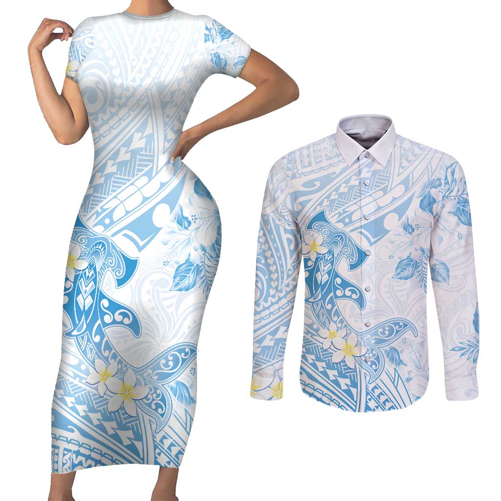 Polynesia Hammerhead Shark Couples Matching Short Sleeve Bodycon Dress and Long Sleeve Button Shirt Tropical Flowers Tribal Pattern Blue LT05 Blue - Polynesian Pride