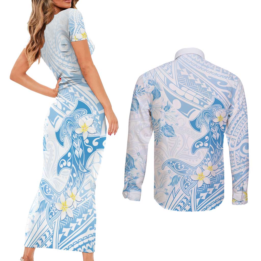 Polynesia Hammerhead Shark Couples Matching Short Sleeve Bodycon Dress and Long Sleeve Button Shirt Tropical Flowers Tribal Pattern Blue LT05 - Polynesian Pride