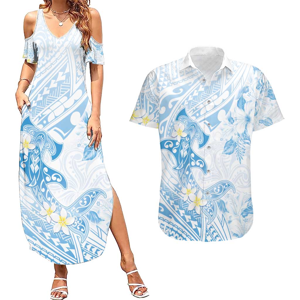 Polynesia Hammerhead Shark Couples Matching Summer Maxi Dress and Hawaiian Shirt Tropical Flowers Tribal Pattern Blue