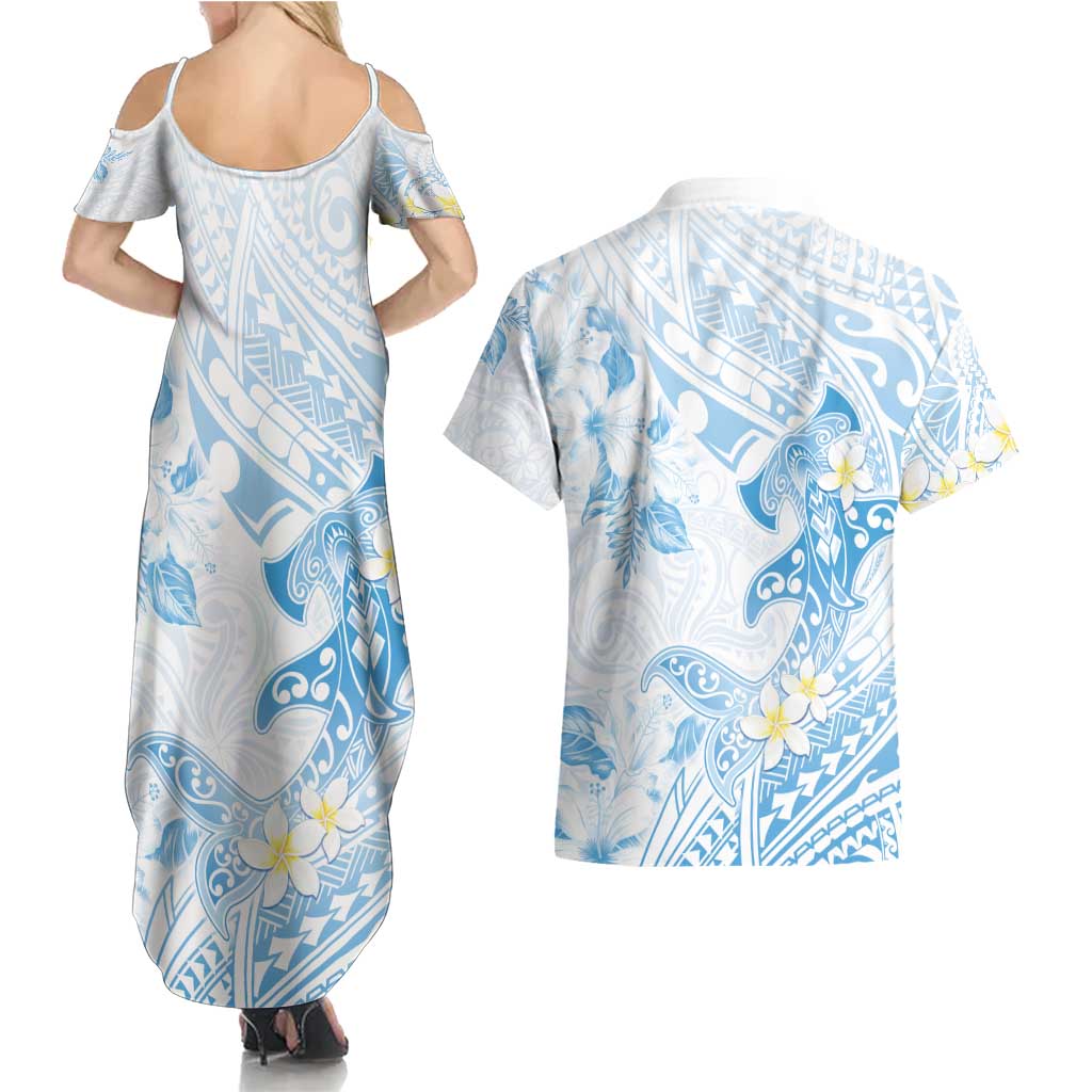 Polynesia Hammerhead Shark Couples Matching Summer Maxi Dress and Hawaiian Shirt Tropical Flowers Tribal Pattern Blue LT05 - Polynesian Pride