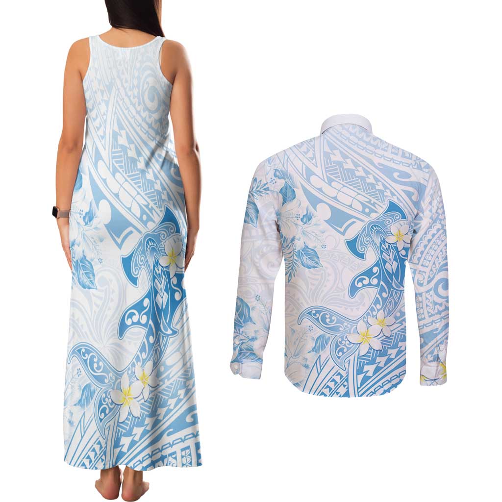 Polynesia Hammerhead Shark Couples Matching Tank Maxi Dress and Long Sleeve Button Shirt Tropical Flowers Tribal Pattern Blue LT05 - Polynesian Pride